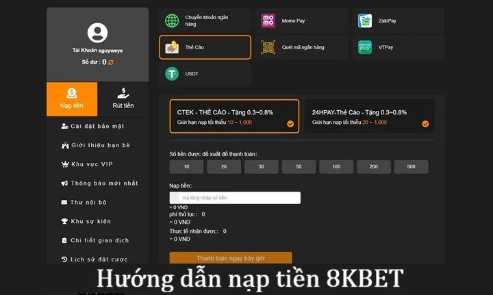 Điều kiện Nạp rút tiền 8KBET